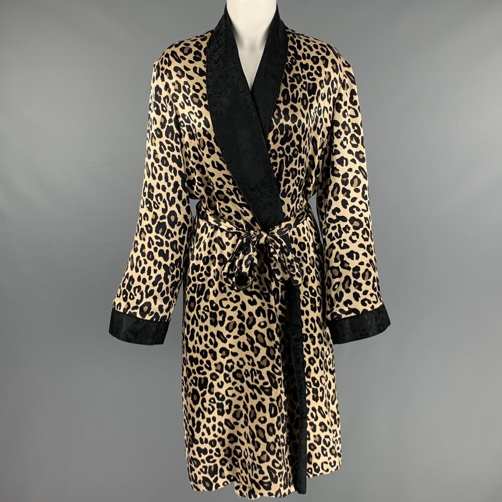 PAUL STUART Size M Black Beige Satin Animal Print Belted Bathrobe